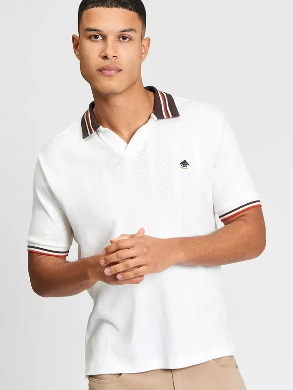 Ben Sherman Cotton Trim Block Open Neck Polo Top, Snow White