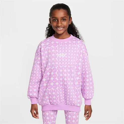 Nike Kids' Club Fleece All-Over Print Oversized Crew Sweatshirt