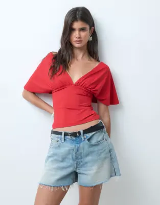 polyamide plunge sleeveless tie back cinch top in red