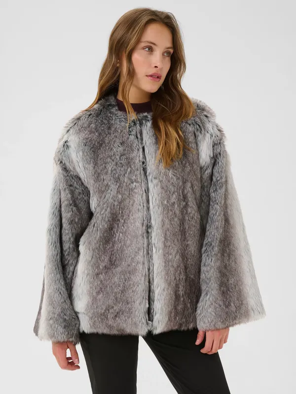 KAFFE Solana Faux Fur Jacket, Mid Grey