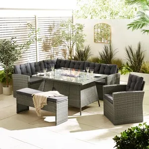 Marbella 9 Seat Rattan Firepit Table Garden Dining Set - Grey