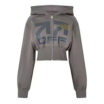 L AB Off White Women's Cotton Full-Zip Oversized-Fit Cropped Hoodie