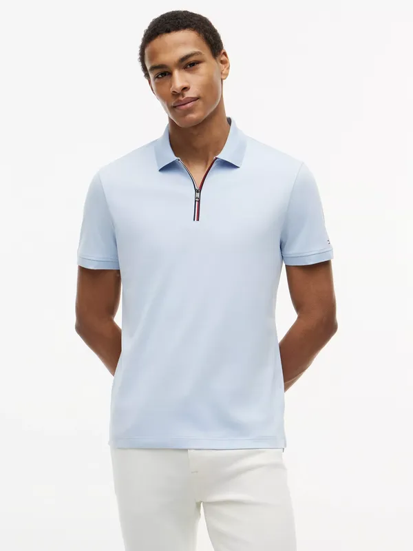 Tommy Hilfiger Fluid Cotton Zip-Neck Polo Shirt, Light Blue
