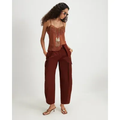 Red Twill Pleat Front Barrel Leg Trousers