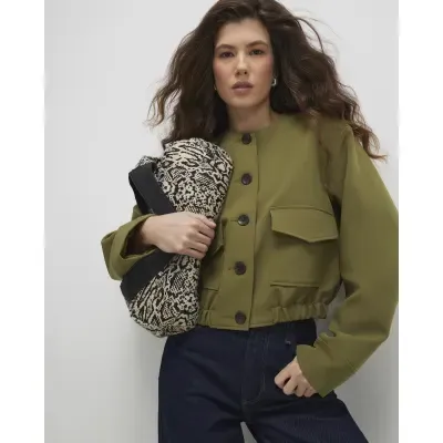 Khaki Long Sleeve Pocket Detail Bomber Jacket