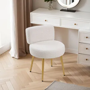 Cream Teddy Bear Fur Dressing Table Stool Vanity Chair with Metal Legs - Cream