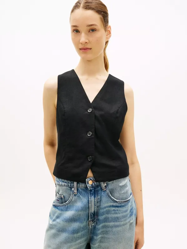 Tommy Hilfiger V-Neck Linen Rich Waistcoat, Black
