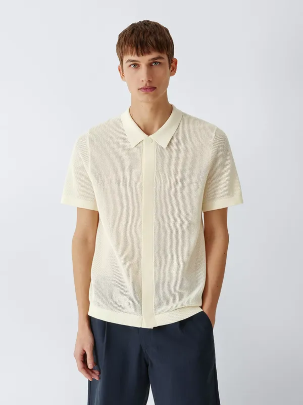 Kin Short Sleeve Pointelle Cotton Knit Polo Shirt, Antique White