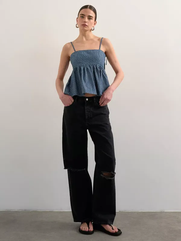 Topshop Pinstripe Denim Cami Peplum Top, Blue