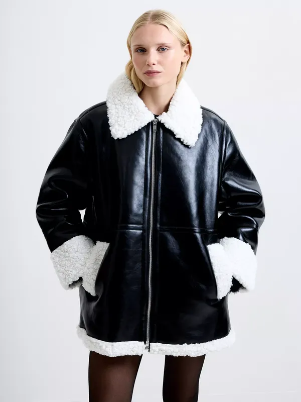 French Connection Ajani Faux Leather Coat, Black/Cream