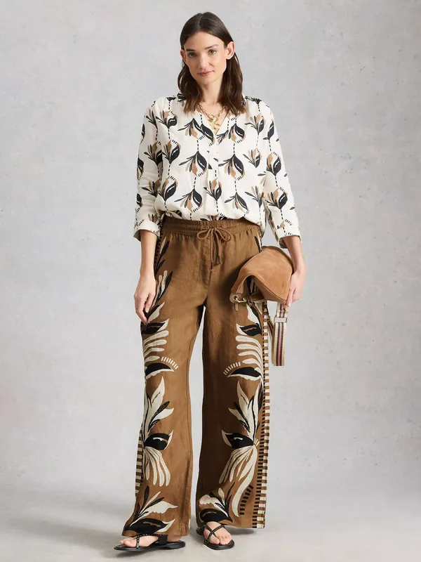 White Stuff Ally Wide Leg Linen Trousers, Brown