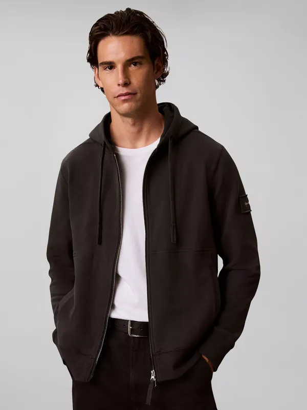 Calvin Klein Badge Zip Front Cotton Blend Hoodie, Black
