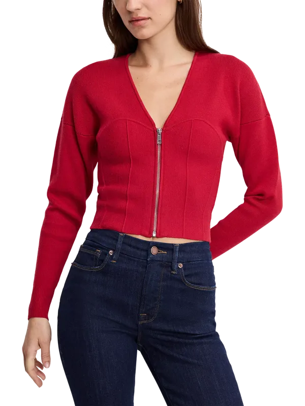 Good American Bustier Zip Sweater, Red