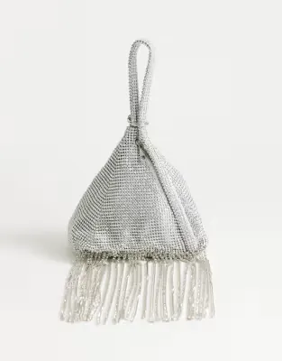 Matty small diamante triangle grab bag with tassels in silver