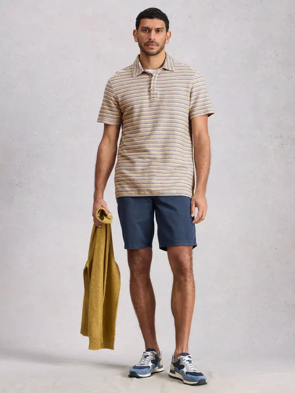 White Stuff Hadley Cotton Regular Fit Waffle Textured Striped Polo Shirt, White/Multi