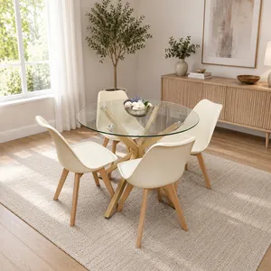 Round Glass Dining Table With 4 Cream Chairs Set - Clear/Cream