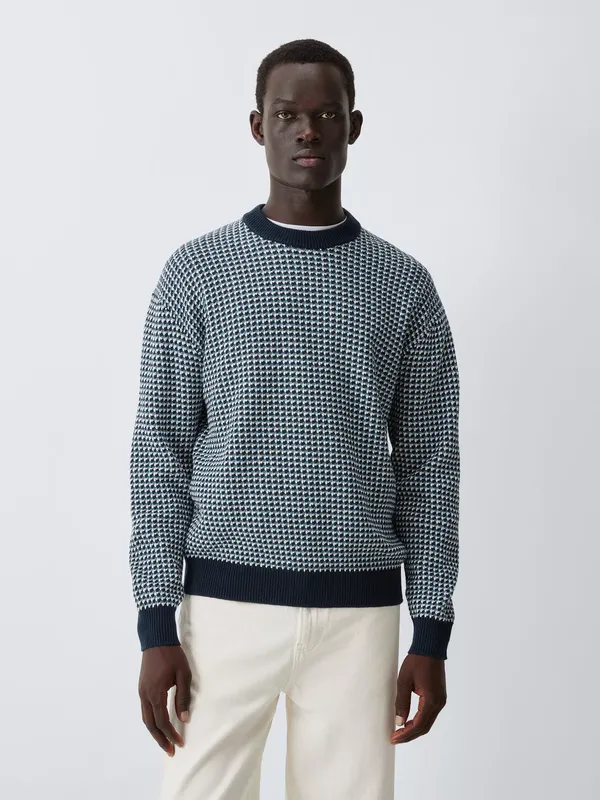 John Lewis 3 Colour Micro Stitch Wool Blend Crew Neck Jumper, Blues