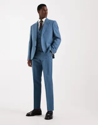slim suit trousers in linen rich mid blue twill
