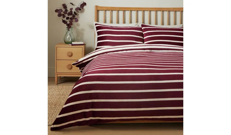 Argos Home Stripe Print Fleece Burgundy Bedding Set