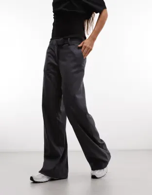 mid waist wide leg tailored trousers in dark grey