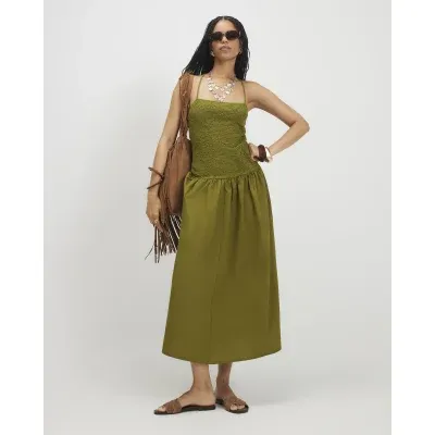 Khaki Sleeveless Lace Hybrid Midi Dress