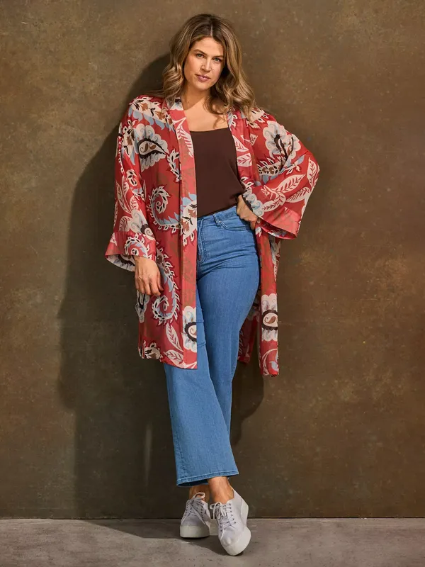 Live Unlimited Paisley Kimono Jacket, Coral/Multi