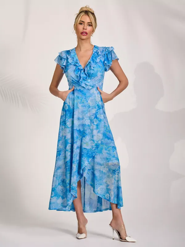 Jolie Moi V-Neck Ruffle Maxi Dress, Blue Floral