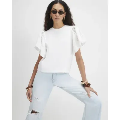 White Cotton Broderie Sleeve T-Shirt