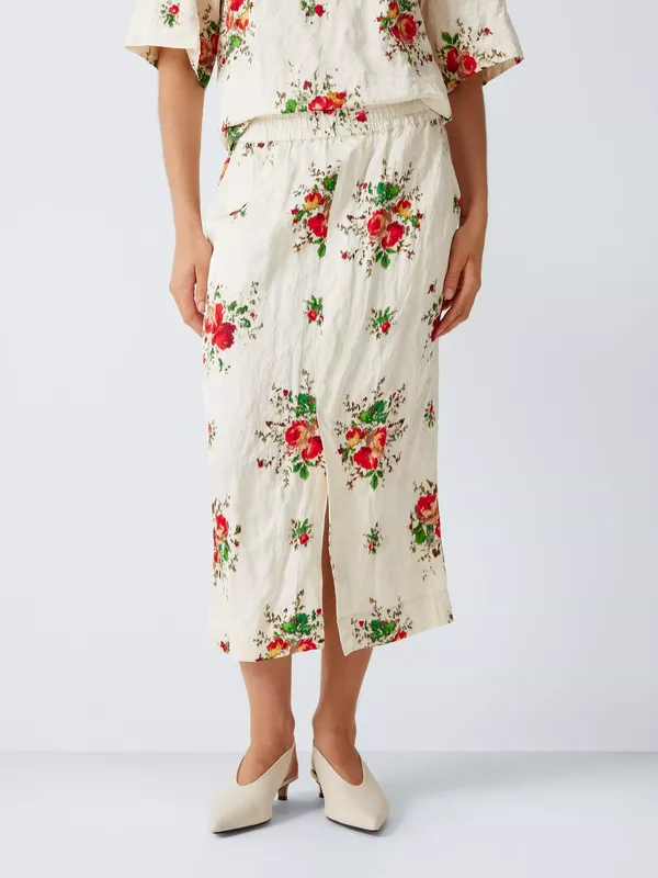 John Lewis Bouquet Floral Print Midi Skirt, White Print