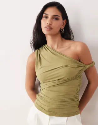 polyamide ruched twist side cut away draped top in khaki