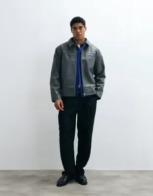 faux leather harrington jacket in charcoal