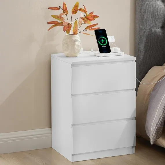 VASAGLE Bedside Table with Power Strip, Side End Table with Drawers - White