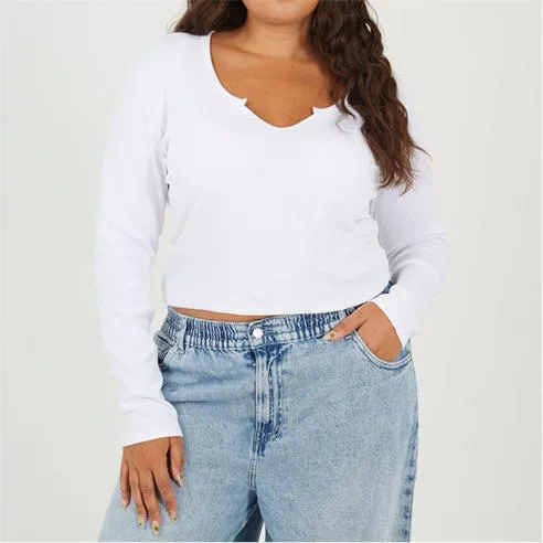 Brave Soul Womens Plus Size V-neck Long Sleeve Top with Slit Detail