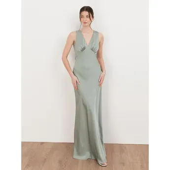 Maya Deluxe Womens V Neck Open Back Satin Occasion Maxi Dress