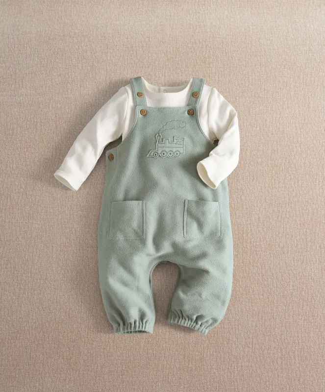 Mamas & Papas Train Embroidery Dungarees & Long Sleeve Top