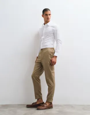 linen tailored tapered trousers in brown pinstripe with elasticated waist