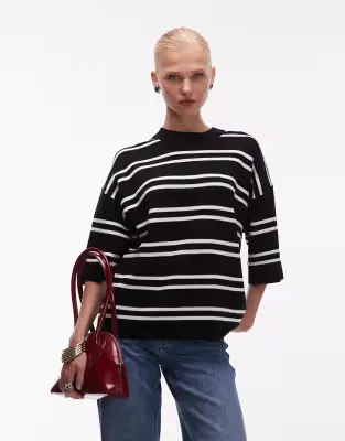 knitted stripe compact structured oversized t shirt in black
