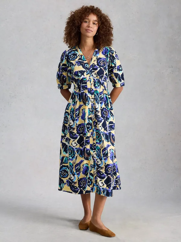 White Stuff Fern Abstract Linen Rich Dress containing LENZING™ ECOVERO™ Viscose, Navy/Multi