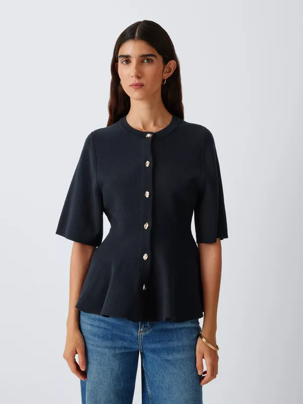 John Lewis Short Sleeve Peplum Cotton Knit Cardigan, Navy