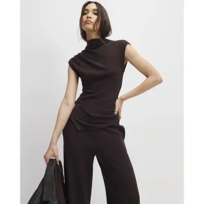 Brown Cosy Sleeveless Drape Top