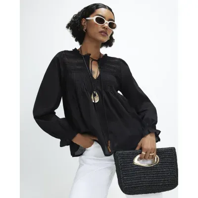 Black Cotton Lace Yoke Pintuck Blouse