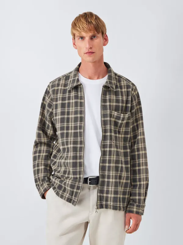 John Lewis Zip Front Check Cotton Overshirt, Taupe