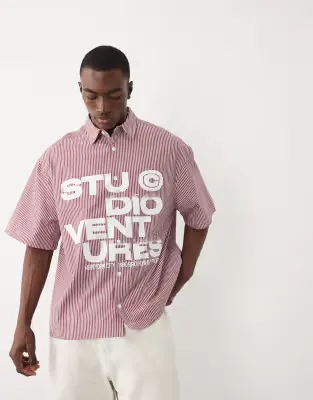 oversized check shirt with chest print in red