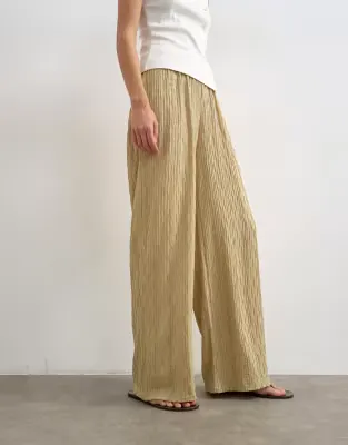 plisse jersey wide leg trouser in khaki