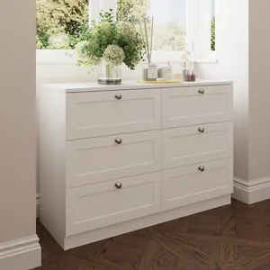 White 6 Drawer Chest of Drawers Modern Panelled Bedroom Furniture - White