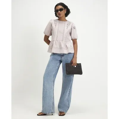 Pink Embroidered Lace Peplum T-Shirt
