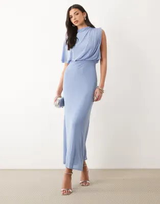 mesh asymmetric cap sleeve blouson bodice dress