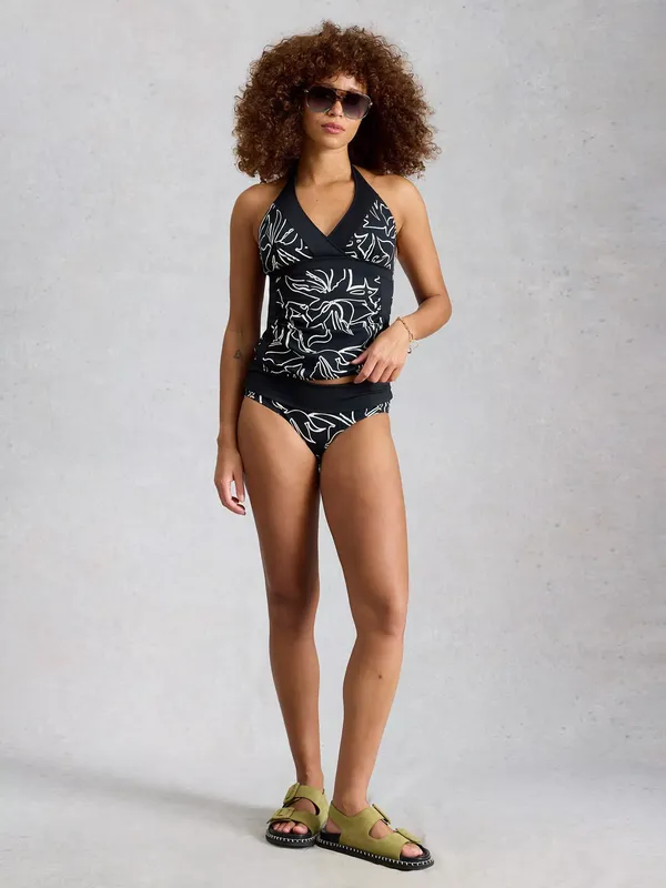 White Stuff High Leg Reversible Bikini Bottoms, Black/Multi