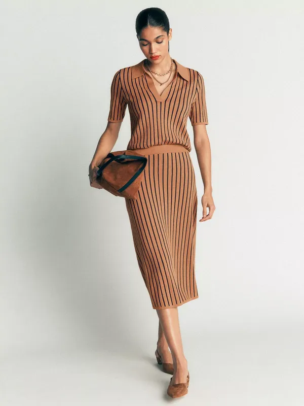 Boden Jacquard Knitted Midi Skirt, Camel/Multi