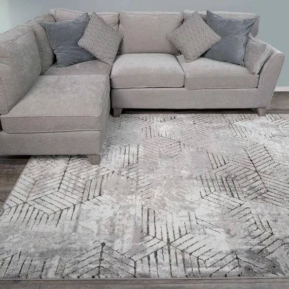 Grey Distressed Abstract Gold Geometric Motif Area Rug - Grey Gold / 230 x 160cm